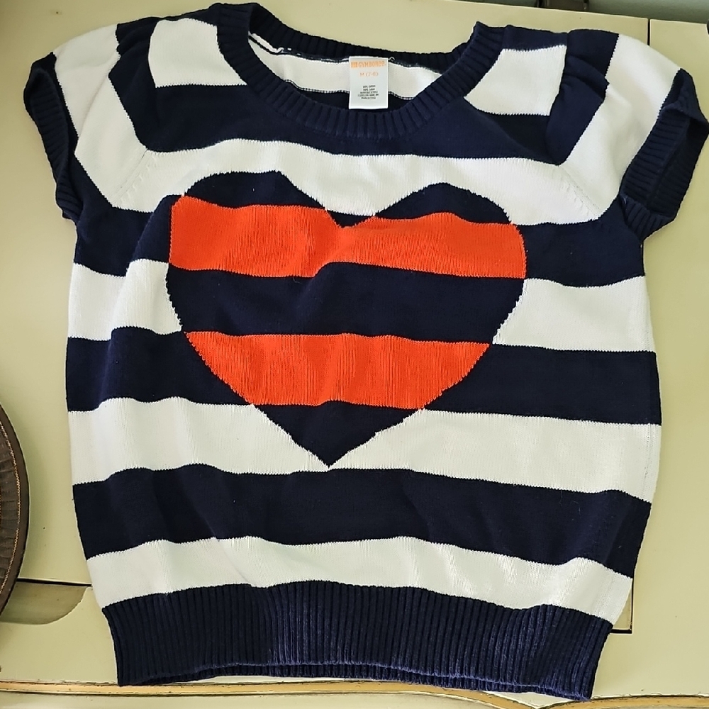 VINTAGE Gymboree Striped Sweater Navy Orange Vibrant Heart Girls Size 7-8